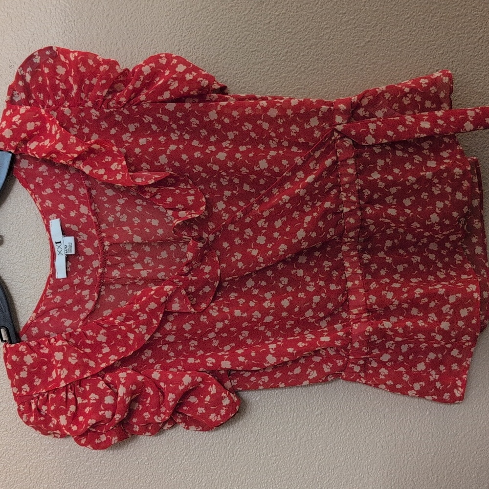 Red Floral Ruffle Blouse
